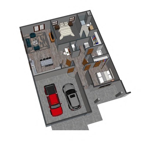 floor plan of a house with a garage and a red car